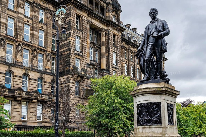 Statue of missionary explorer David Livingstone stands near the Glasgow Royal Infirmary building, Glasgow, Scotland, United Kingdom