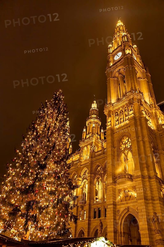 Vienna, Austria - 15 December, 2025: Illuminated city hall in Vienna, Austria, with a decorated Christmas tree in the foreground. The scene captures the festive atmosphere of the holiday season