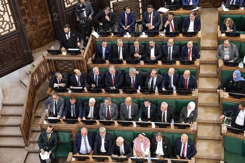 Damascus, Syria - July 12, 2026: Members of Syria's newly formed People's Assembly attend the body's inaugural session in Damascus representing the first parliament conv, Damascus, Syria