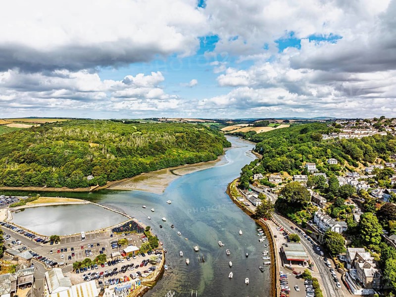 LOOE over River Looe from a drone, Cornwall, England, United Kingdom