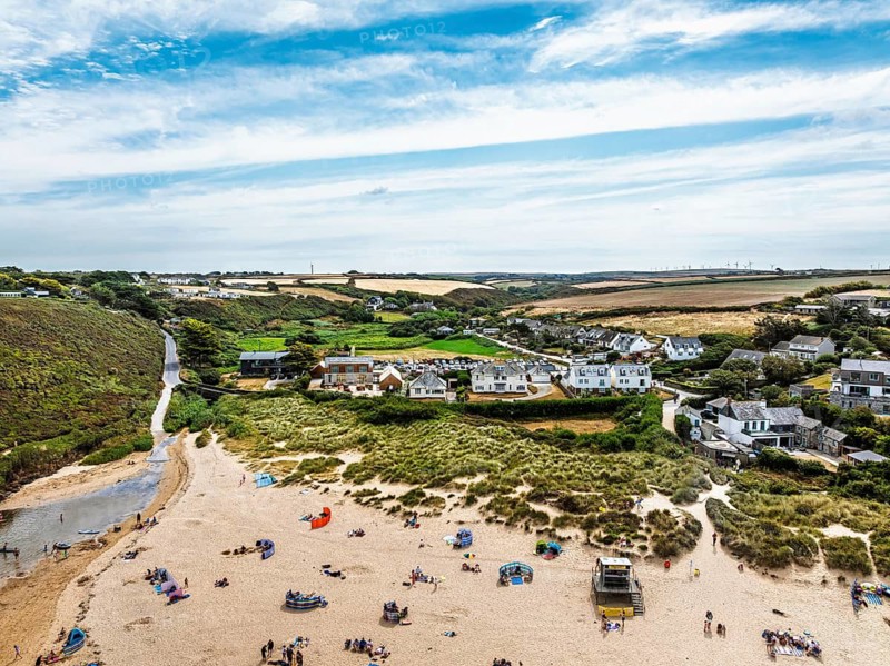 View of Porthcothan and Porthcothan Beach from a drone, Porthcothan, Padstow, Cornwall, England, United Kingdom, Summer 2026