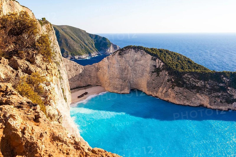 Zakynthos island, coast, white limestone cliffs, Ionian Sea, summer bay, beach, shipwreck, Navagio Beach, smuggler's bay, sunken freighter Panagiotis
