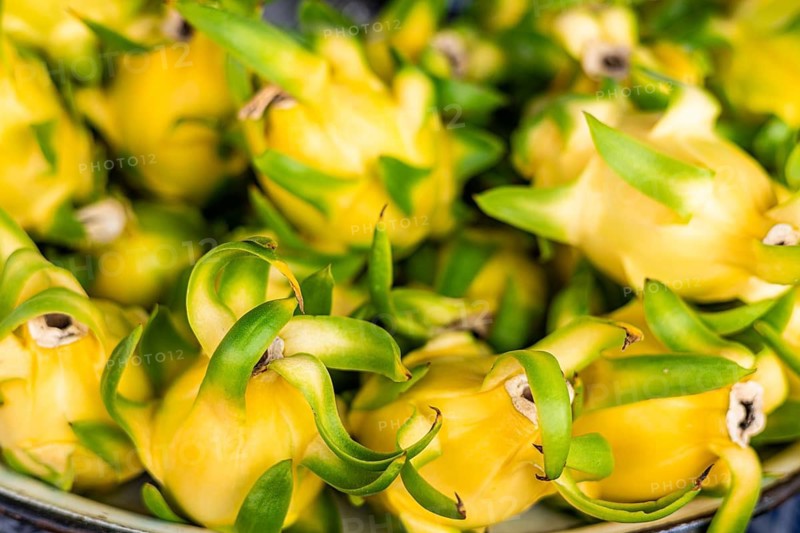 A close-up of yellow dragon fruit with green leaves. The fruits are arranged in a bowl, showcasing their unique shape and vibrant colors