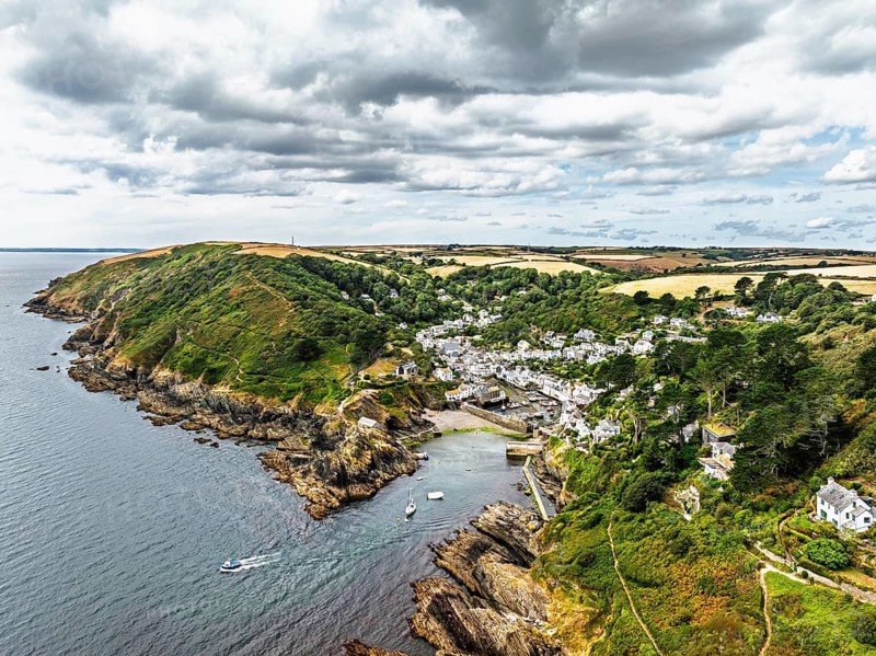 Polperro Harbour and Village from a drone, Polperro, Looe, Cornwall, England, United Kingdom