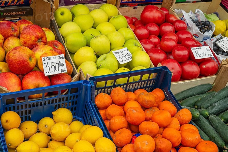 A variety of fruits and vegetables at the Old Town market in Sarajevo, Sarajevo, Bosnia and Herzegovina