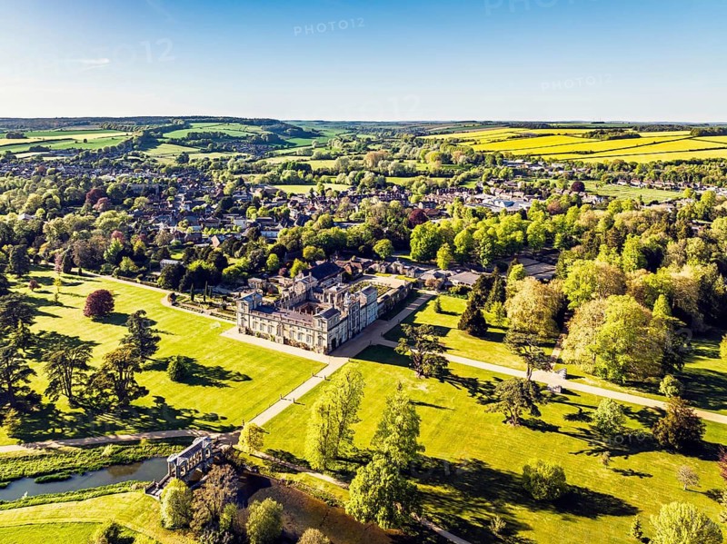 Wilton House from a drone, Wilton, River Nadder, Salisbury, Wiltshire, England, United Kingdom