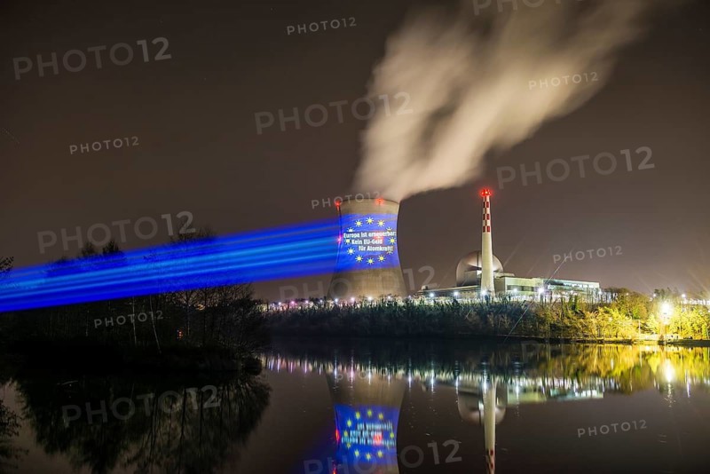 Protest action broadcast by the anti-nuclear organization, projection, night view, 05-03-2026, Waldshut, Leibstadt nuclear power plant, Rhine, Upper Rhine, Canton of Aargau, Switzerland