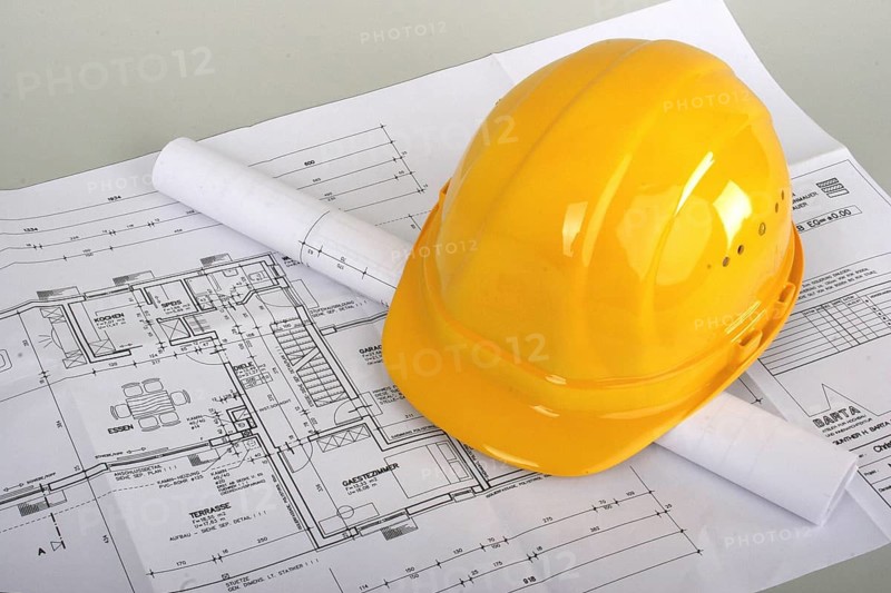 Building plan and helmet, symbolic image for architect, studio, Vienna, Austria