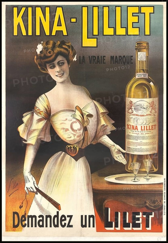 Advertising poster, beverage advertisement, advertisement for Kina Lillet, a French aperitif wine, designed by Georges Dola around 1904, An elegantly dressed woman in a corset dress from the turn of the century presents a bottle of Kina Lillet on a table next to two glasses, authentic reproduction of a historical advertising poster, advertising sign, in high resolution, historical