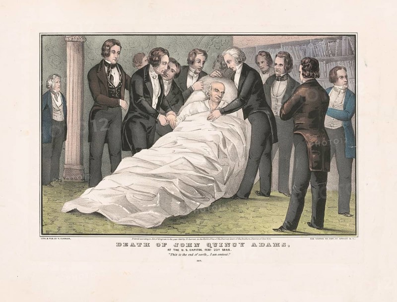 The sixth US president John Quincy Adams suffered a stroke at the Capitol in Washington, D.C. on February 21, 1848 and died there on his deathbed two days later. Adams collapsed directly in the plenary room of the House of Representatives, was carried to the speaker's office, where he was in a coma for two days and died on February 23, 1848, American history, authentic, digitally restored reproduction in high resolution from a 19th-century original, exact date of presentation unknown, historical