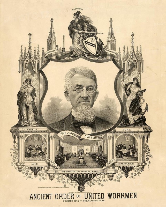 A lithograph of the Ancient Order of United Workmen (AOUW) featuring a portrait of its founder, John Jordan Upchurch (known as Father Upchurch), who established the organisation on 27 October 1868 in Meadville, Pennsylvania. John J. Upchurch is depicted in the centre, surrounded by allegorical figures and scenes representing the brotherhood's core values and American history, an authentic, digitally restored reproduction of a 19th-century original, exact date of the depiction unknown, historical