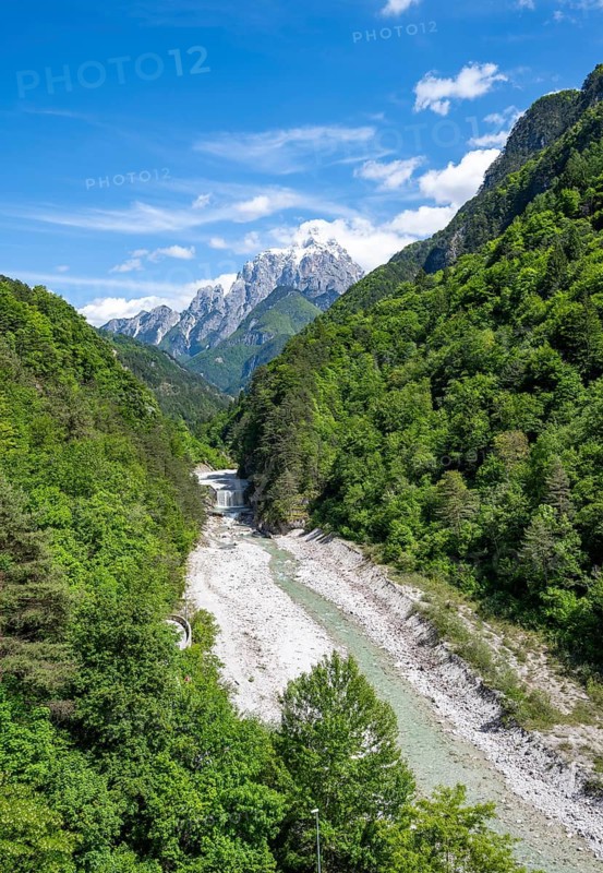 Dogna river and Jof di Montasio mountain peak, Julian Alps, Dogna, Eisental, Friuli-Venezia Giulia, ItalyDogna river and Jof di Montasio mountain peak, Julian Alps, Dogna, Eisental, Friuli-Venezia Giulia, Italy