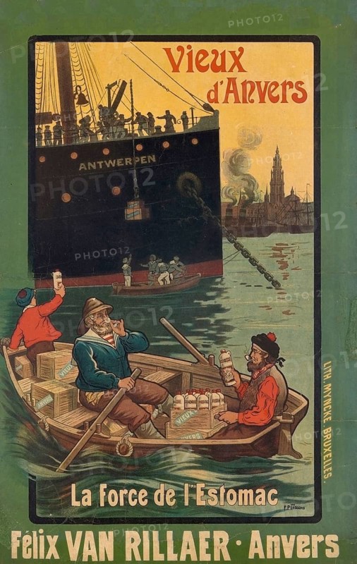Advertising poster, beverage advertisement, poster for Vieux d'Anvers, a spirit brand that was lithographed around 1908 by Frans Persoons. The scene shows sailors in a small boat next to a large ship in the port of Antwerp. The text La Force de l'Estomac means The Power of the Stomach and highlights the advertised Genever, authentic reproduction of a historical advertising poster, advertising sign, in high resolution, Historic