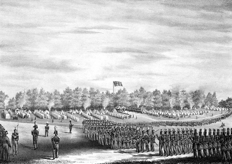 Camp Wayne, Pennsylvania Volunteer Encampment at the Paoli Battle Ground. A US militia volunteer field camp from September 19 to 22, 1840 on the historic Paoli battlefield in Chester County, Pennsylvania, authentic, digitally restored high-resolution reproduction from a 19th-century original, exact date of presentation unknown, American history, historical