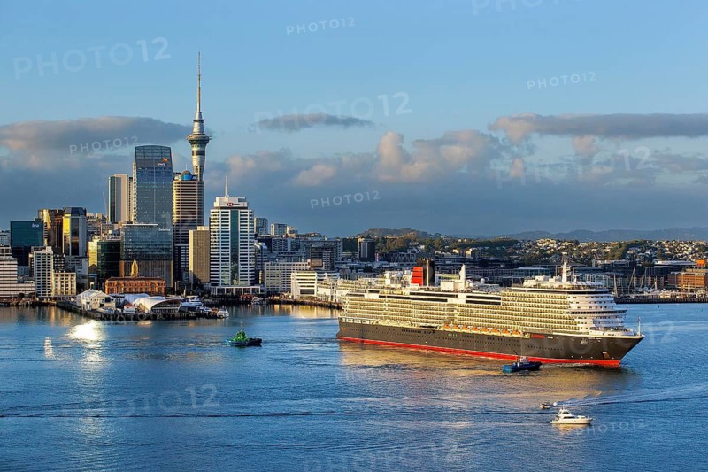 Cunard's ocean liner Queen Anne enters the harbour as part of her maiden World Voyage, Auckland, New Zealand
