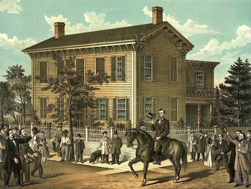Returning home from his successful election, Abraham Lincoln (born 12 February 1809 near Hodgenville, died 15 April 1865 in Washington, D.C.) served as the 16th President of the United States of America from 1861 to 1865. First elected in 1860, he was re-elected in 1864 for a second term. He was the first President from the ranks of the Republican Party and the first to be assassinated, an authentic, digitally restored reproduction of a 19th-century original, exact date of the image unknown, historical