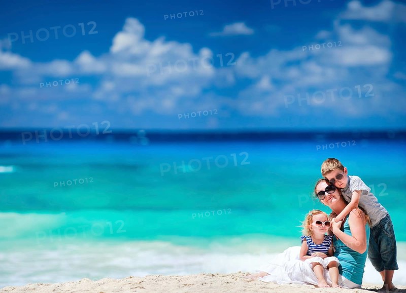 Mother and two children on the beach, Seychelles, La Digue, family, La Digue, Indian Ocean, Seychelles