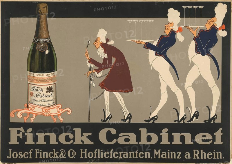 Advertising poster, beverage advertisement, advertising poster from 1910 promotes the Finck Cabinet sparkling wine from the Josef Finck & Co. winery in Mainz. The color lithograph depicts a nobleman inspecting a large champagne bottle while being accompanied by two servants with champagne glasses, authentic reproduction of a historical advertising poster, advertising sign, in high resolution