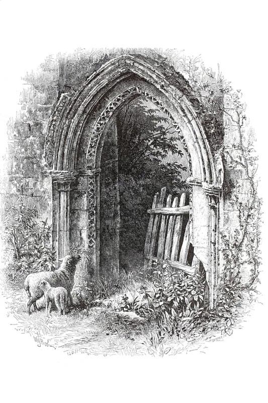 Gate of Rievaulx Abbey, Rievaulx Cistercian Abbey, in North Yorkshire, England, illustration, reproduction from a 19th century model. Authentic, file restored for optimal use, exact date of submission unknown, historical