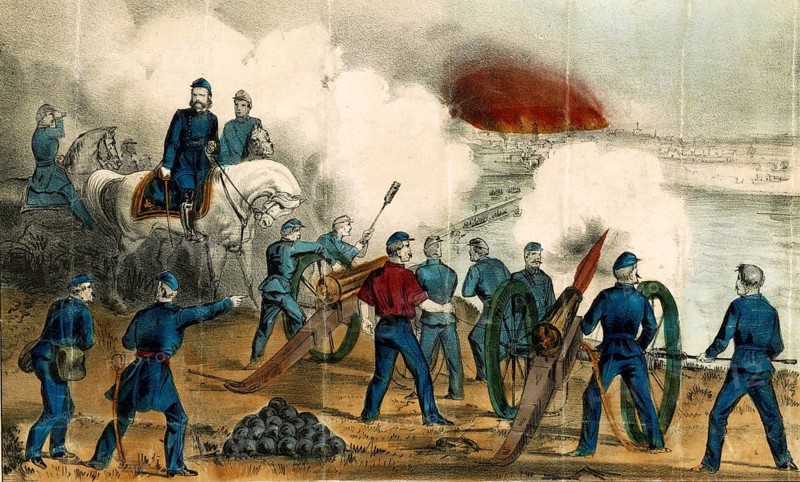 Illustration shows the beginning of the Battle of Fredericksburg on December 11, 1862, during which Union troops crossed the Rappahannock River and bombed the city. Union artillery and soldiers from the Potomac Army firing cannons as well as General Burnside on horseback in the foreground of the action, authentic, digitally restored reproduction in high resolution from a 19th century original, exact date of presentation unknown, American history, historical