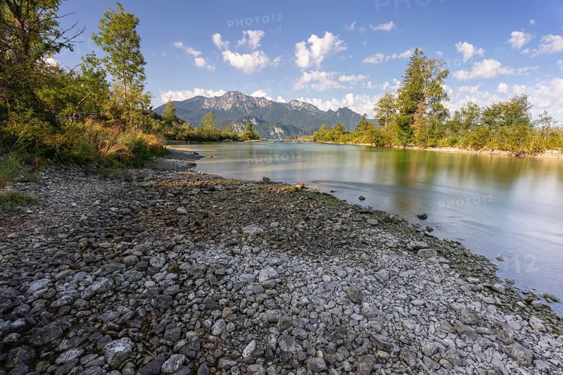River, riverbed, trees, mountains, gravel, sunny, low tide, drought, August 2026, climate change, Loisach, Kochel, behind Herzogstand, Heimgarten, Bavarian Alps, Alpine foothills, Bavaria, Germany