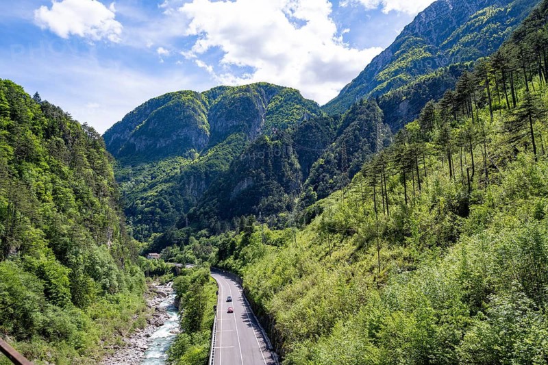 Fella river and motorway, canal valley, mountainous landscape, Julian Alps, Alpe-Adriatic cycle path, Friuli-Venezia Giulia, Italy