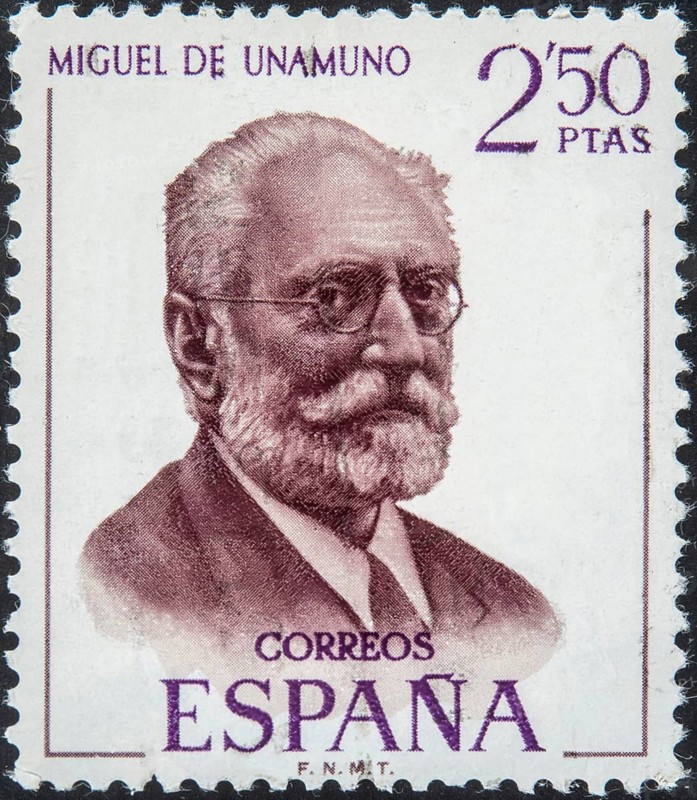Miguel de Unamuno (1864-1936) a Spanish writer and philosopher, who is usually considered part of the generation of 98 in Spanish literature. Portrait on a Spanish postage stamp
