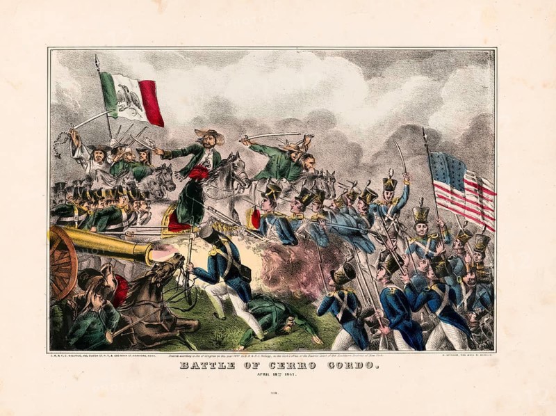 This lithograph depicts a scene from the Battle of Cerro Gordo on 18 April 1847 during the Mexican–American War. In the image, American troops (on the right, carrying the US flag) are engaged in close combat with Mexican units (on the left, carrying the Mexican flag and a cannon) . The Battle of Cerro Gordo, in which US forces under General Winfield Scott broke through the Mexican defences, American history, authentic, digitally restored reproduction of a 19th-century original, exact date of the depiction unknown, historical