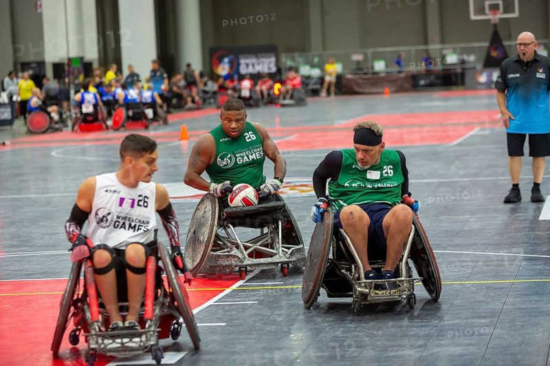Detroit, Michigan - The National Veterans Wheelchair Games, an annual event sponsored by the Paralyzed Veterans of America and the Department of Veterans Affairs. Wheelchair rugby is an aggressive sport that was originally called 'murderball.'