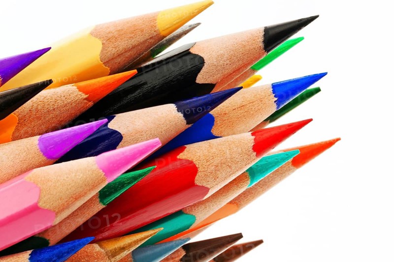 Lots of different colorful pens Coloured pencils isolated against white background, Austria