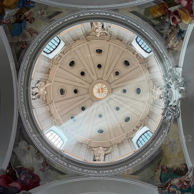 St. Salvator Cathedral in Fulda, officially High Cathedral in Fulda, view of the cathedral dome with sunshine through incense, Baroque quarter, Fulda, East Hesse, Hesse, Germany