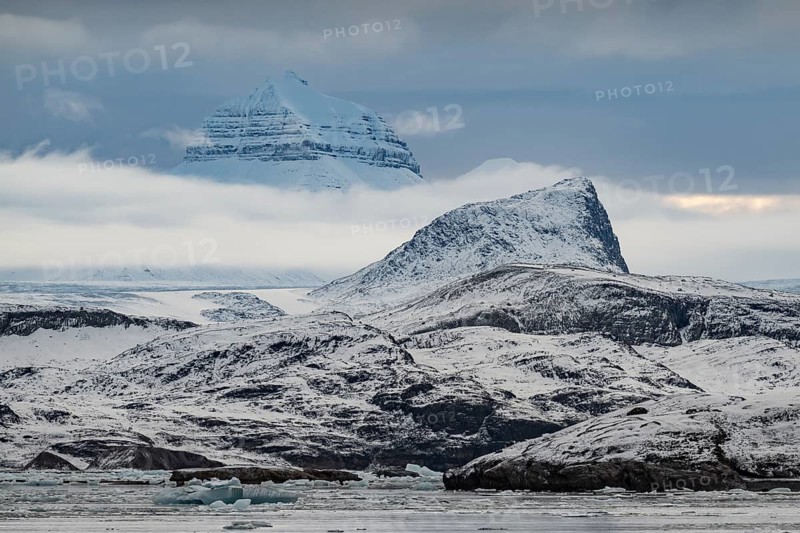 One of the three mountains: Tee Kroner (Three Crowns), Kronebreen or Kronengletscher Glacier, Kongsfjord or Kongsfjorden, the Svalbard archipelago, Svalbard, Norway