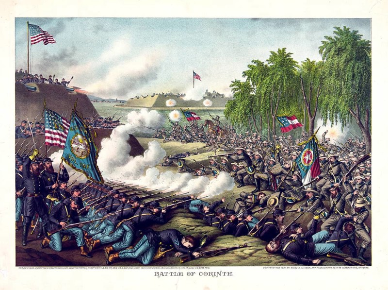 A lithograph by the publishers Kurz and Allison, dated 1891, depicting the Second Battle of Corinth (3–4 October 1862) during the American Civil War.Background and details: Event: A bloody skirmish during the American Civil War near Corinth, Mississippi, between Union troops (under General Rosecrans) and Confederate forces (under General Van Dorn) .Depiction: In the foreground, infantrymen are fighting whilst seeking cover behind earthworks, flanked by the distinctive regimental flags of both sides (including the Union flag and regimental banners bearing inscriptions such as ‘Iowa' or ‘Texas') . Background: In the upper part, fortified positions (forts), plumes of smoke from artillery fire and the undulating, wooded terrain can be seen. American history, authentic, digitally restored reproduction of a 19th-century original, exact date of the depiction unknown, historical