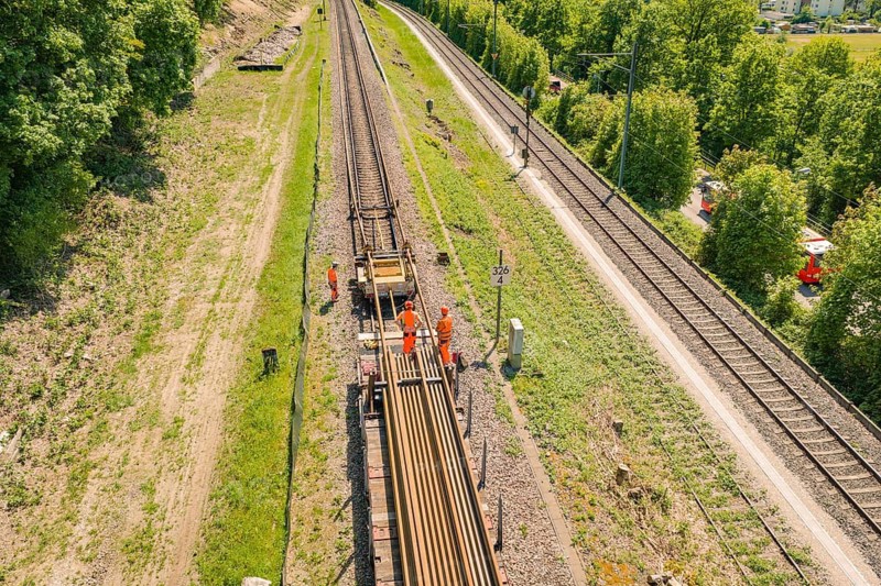Workers working on a railway line flanked by green landscape, Leonhard Weiss construction site to renovate the station and build the overhead line, Waldshut, Germany