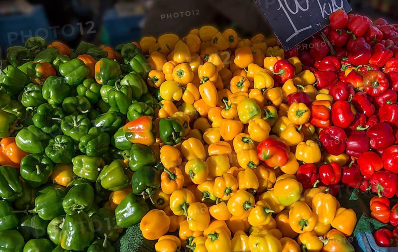 Peppers (Capsicum) – green, yellow and red – at a market stall in Enschede, the Netherlands