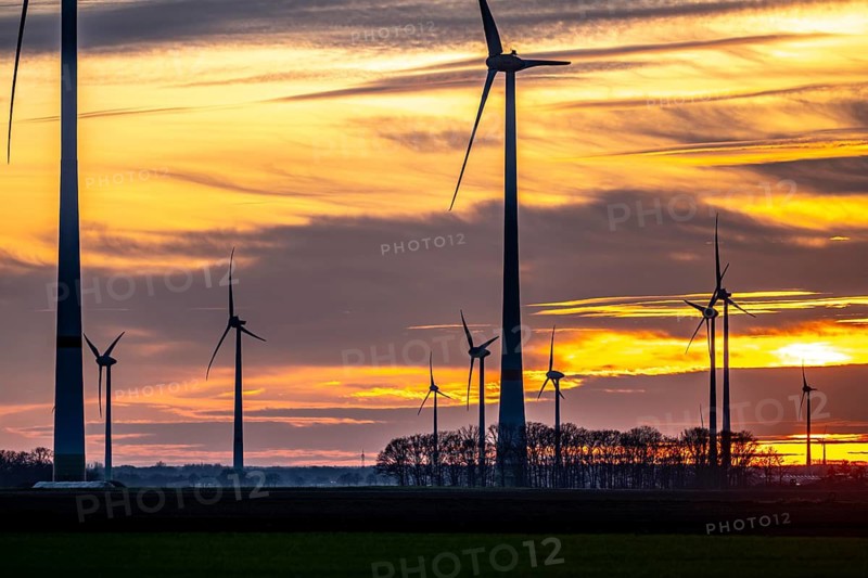Sunset at Issum wind farm, Lower Rhine, North Rhine-Westphalia, Germany