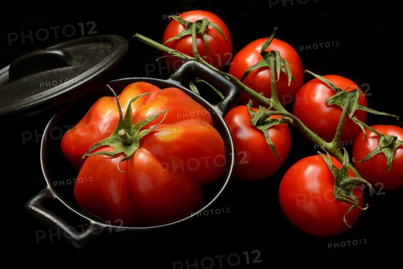 Oxheart tomato in pots and vine tomatoes, Solanum lycopersicum