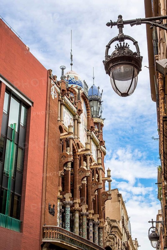 The façade of the Palau de la Música Catalana (Palace of Catalan Music) concert hall, in the old town, Barcelona, Spain