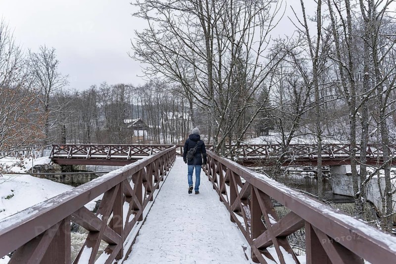 Rear view of a man walking on a wooden bridge in winter, A person walks on a snow-covered bridge in a winter landscape with bare trees and overcast skies, Belmontas park, Vilnius, Lithuania