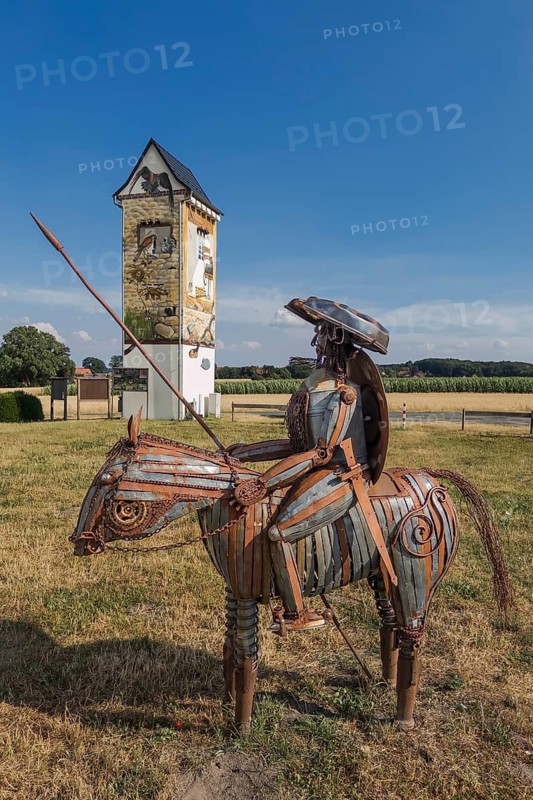 Don Quixote at the historic windmill in Lechtingen, Wallenhorst, Lower Saxony, Germany