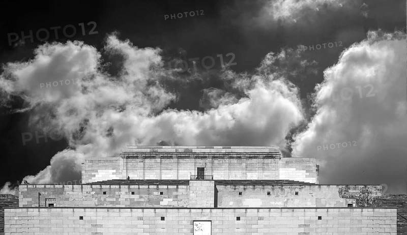 National Socialist Zeppelin main stand on the former Reichsparteitag grounds, 1933—1945, cloudy sky, black and white, Nuremberg, Middle Franconia Bavaria, Germany