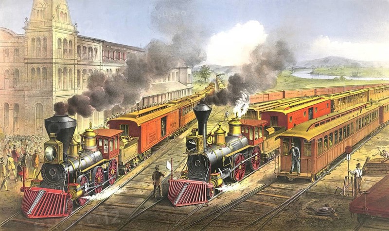 American Railroad Scene: Lightning Express Trains Leaving the Junction. The picture depicts a bustling railway junction (presumably in Hornell, New York), where two mighty steam locomotives with smoking funnels are departing side by side from the station area, American history, authentic, digitally restored reproduction of a 19th-century original, exact date of the depiction unknown, historical
