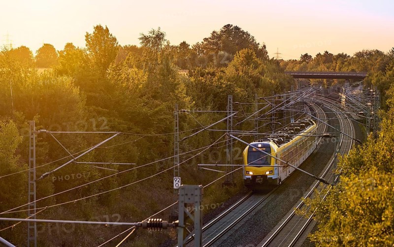 Intercity train traveling through a scenic railway corridor at sunset, surrounded by trees and overhead power lines. Stuttgart to Mannheim, Baden-Württemberg, Germany