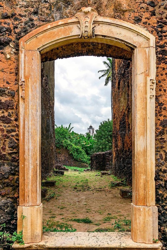 A doorway in the historic stone ruins of the city of Alcantara, Maranhao, Alcantara, Maranhao, Brazil