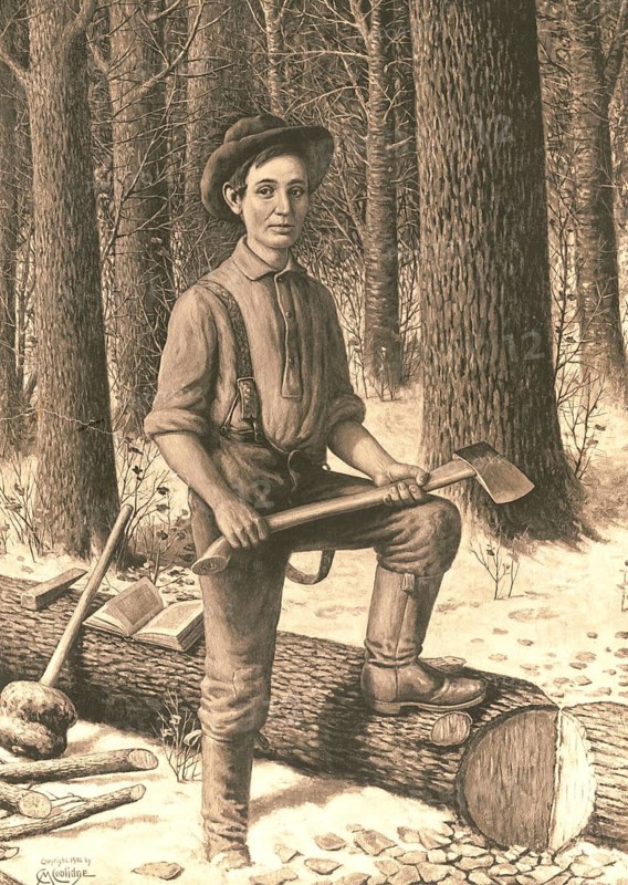 Abraham Lincoln as a young man aged 22, working as a woodcutter, (born 12 February 1809 near Hodgenville, died 15 April 1865 in Washington, D.C.) served as the 16th President of the United States of America from 1861 to 1865. First elected in 1860, he was re-elected for a second term in 1864. He was the first president from the ranks of the Republican Party and the first to be assassinated, an authentic, digitally restored reproduction of a 19th-century original, exact date of the depiction unknown, historical