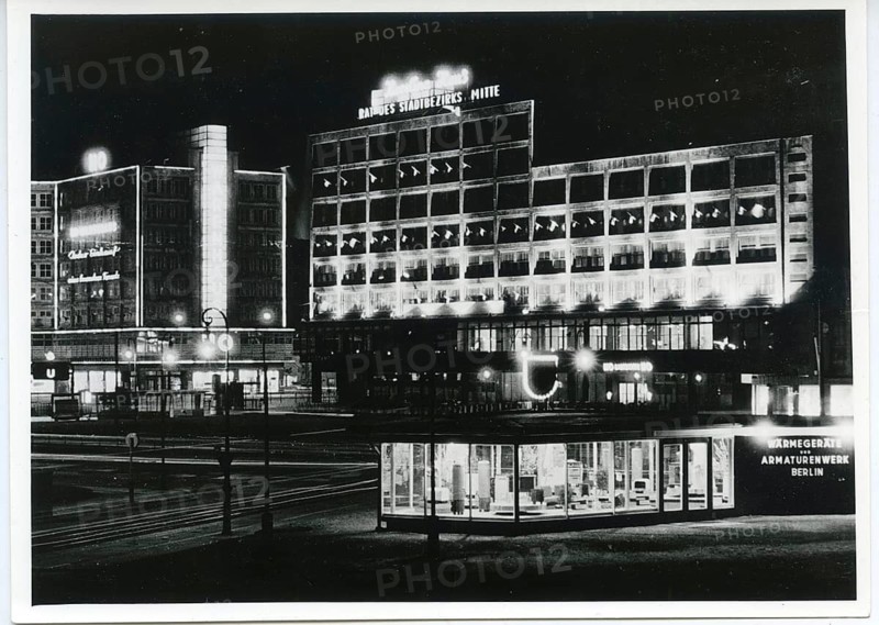 Berlin, Mitte, commercial buildings, at night, Gold-Pfeil, modern architecture, GDR, East Berlin, illuminated building in black and white city view at night, around 1965