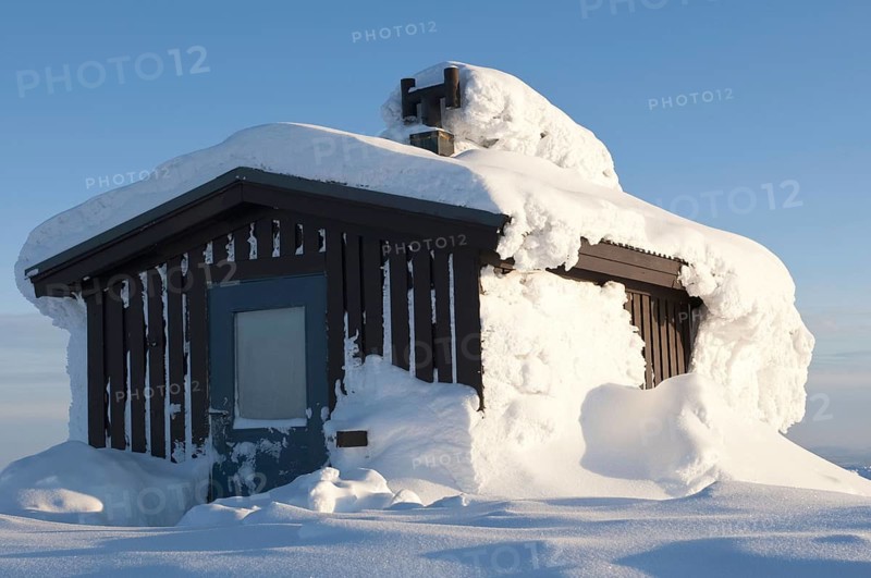 Deep snow-covered hut on Mount Dundret, Gällivare, Norrbotten, Lapland, Sweden