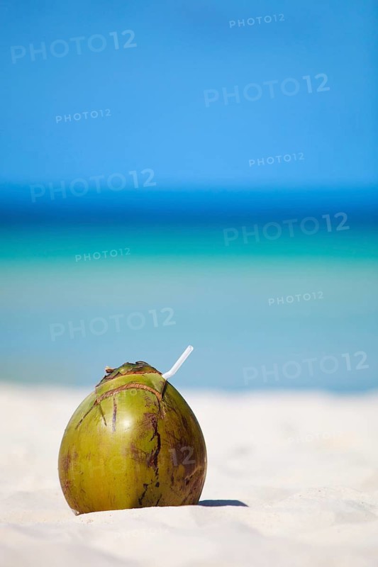 A fresh coconut with straw is lying on Boracay beach, Asia, Philippines, Boracay island, palm beach, beach, cumulus clouds, dream beach