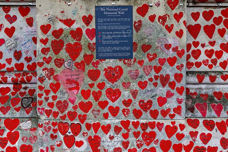 Hundreds of hand painted red and pink hearts crowd a section of the National Covid Memorial Wall, many carrying personal dedications in marker pen. A weathered information plaque is mounted among the hearts, part of a memorial maintained by volunteer Friends of the Wall. National Covid Memorial Wall, Albert Embankment, London, England, United Kingdom