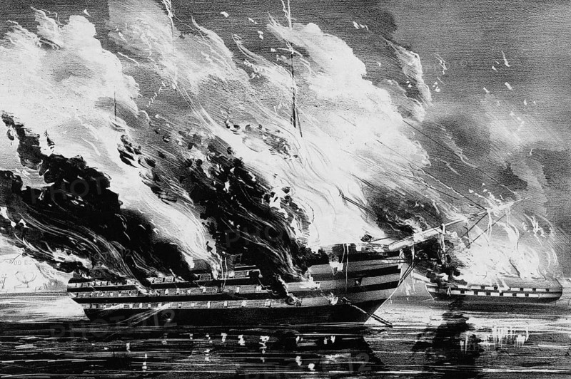 Self-immolation of the massive US liner USS Pennsylvania together with other ships at the Gosport Navy Yard in Norfolk, Virginia, on the night of April 20, 1861 to prevent falling into the hands of Confederate troops, authentic, digitally restored reproduction in high resolution from a 19th century original, exact date of presentation unknown, American history, historical